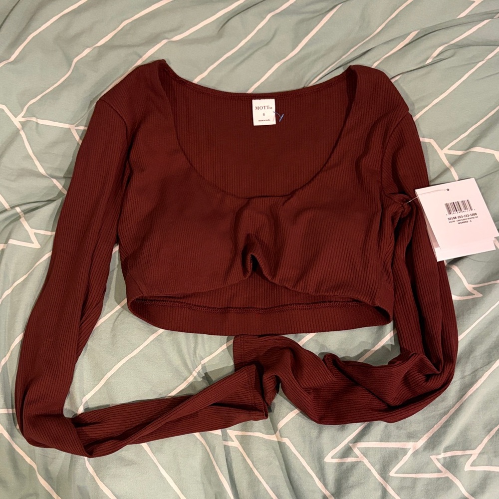 Mott50 Burgundy Ribbed long sleeve Crop Top padded bra size S